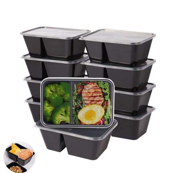 2 Compartment Food Containers QZS Plastic Food Storage Containers for Lunch Pack of 10 Disposable Leftover Boxes for Office
