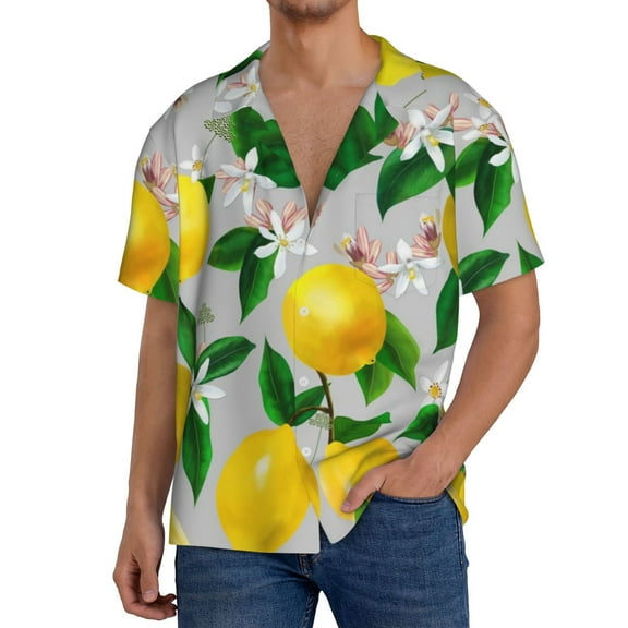 Logiee Lemon1 Print Men's Button Down Shirts Short Sleeve, Summer Beach Shirts,Vacation Wedding Shirts,Men's Casual Button-Down Shirts with Pocket-Small