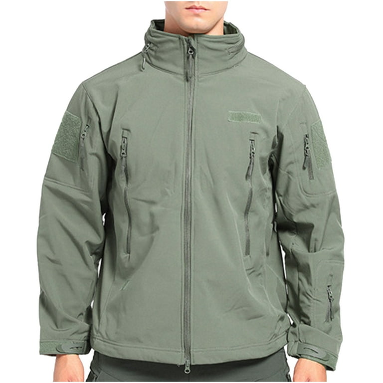 Men's Outdoor Tactical Jackets Softshell Fleece Stand Collar Full Zip Up  Jacket Coats Polar Fleece Jacket with Pockets 