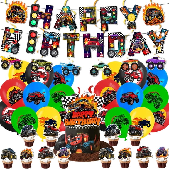 Monster Truck Themed Birthday Party Decoration Set, 36pc Includes Banner, Cake Toppers, Balloons, and Cupcake Decorations.
