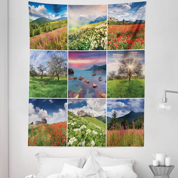 Summer Tapestry, Collage with 9 Different Square Framed Freshening Summer Landscapes Rural Nature, Fabric Wall Hanging Decor for Bedroom Living Room Dorm, 5 Sizes, Multicolor, by Ambesonne