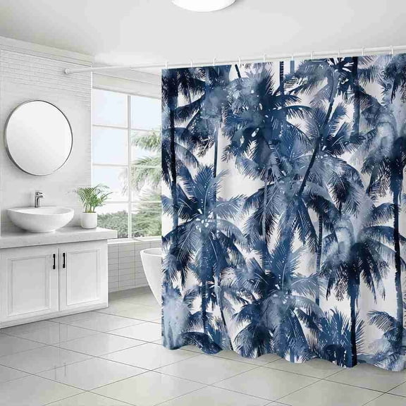 70x70 inch Navy Blue Watercolor Palm Trees Shower Curtain, Waterproof Polyester Fabric with Hooks for Bathroom Decor