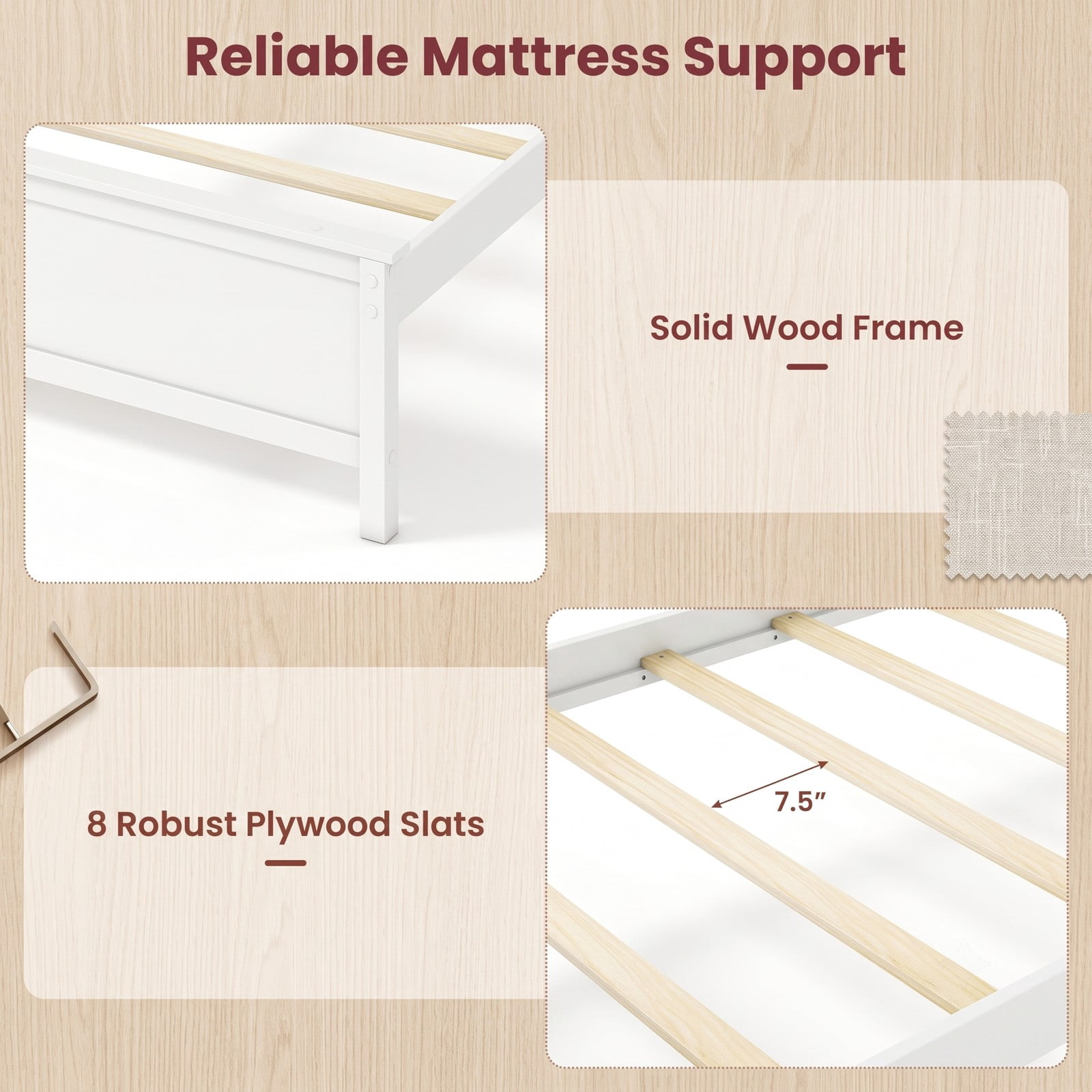 Furnibear Twin Bed Frame Solid Wood Platform Bed with Curved Headboard and Footboard, Wood Bed Frame with Headboard No Box Spring, White