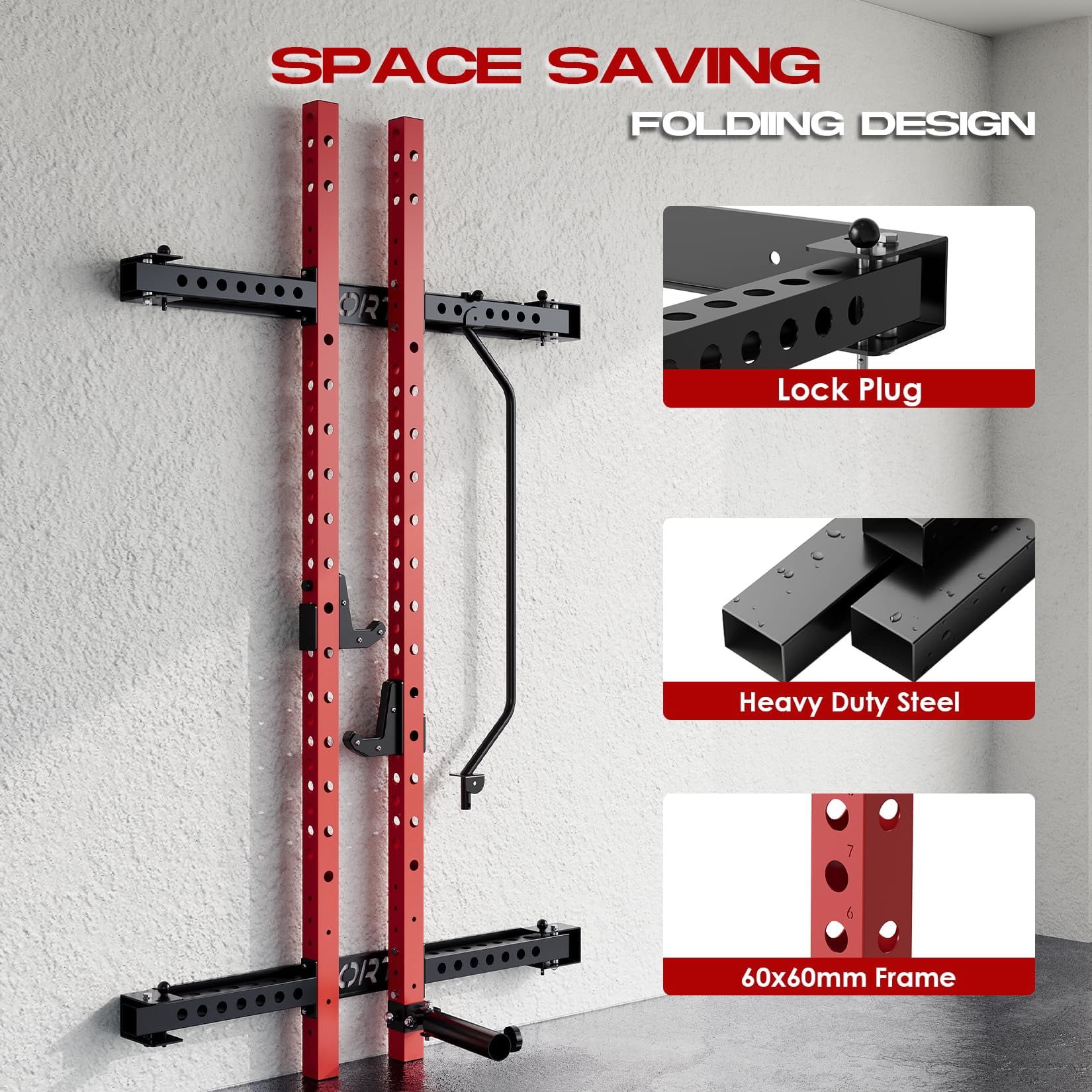 QinaQin Foldable Wall Mounted Squat Rack, 1000 Lb Capacity Home Gym Rack with Pull Up Bar, J Hooks and Landmine