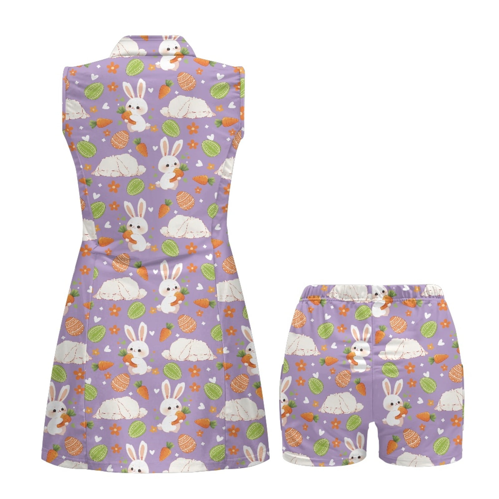 COEQINE Easter Bunny Egg Carrot Floral Print Women's Tennis Dress with Shorts 2 Pockets Sleeveless Quick Dry Soft Sports Dresses Zip Up 2 Piece Set Golf Outfits, M