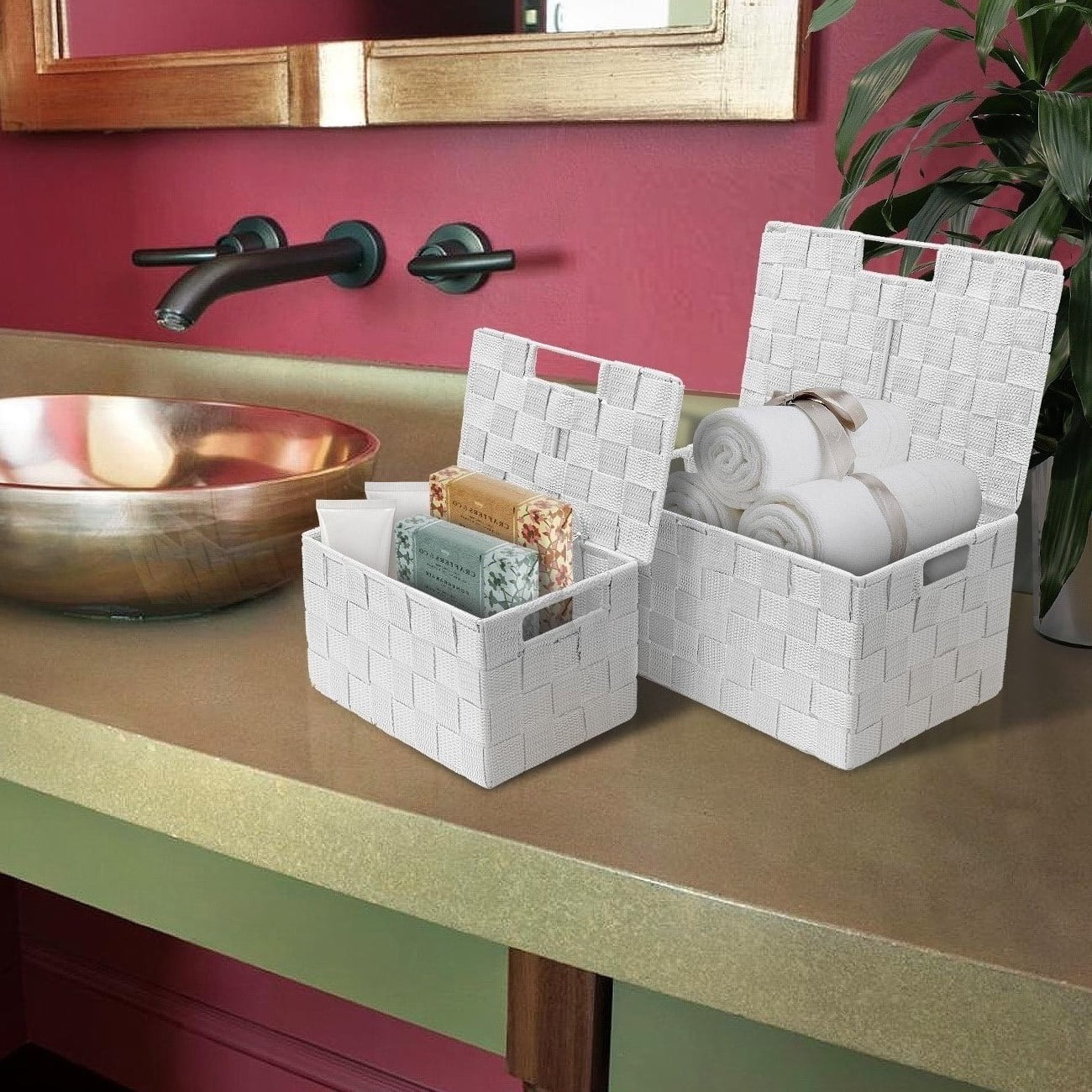 Sorbus Storage Box Woven Basket Bin Container Tote Cube Organizer Set Stackable Storage Basket Woven Strap Shelf Organizer Built-in Carry Handles (White)