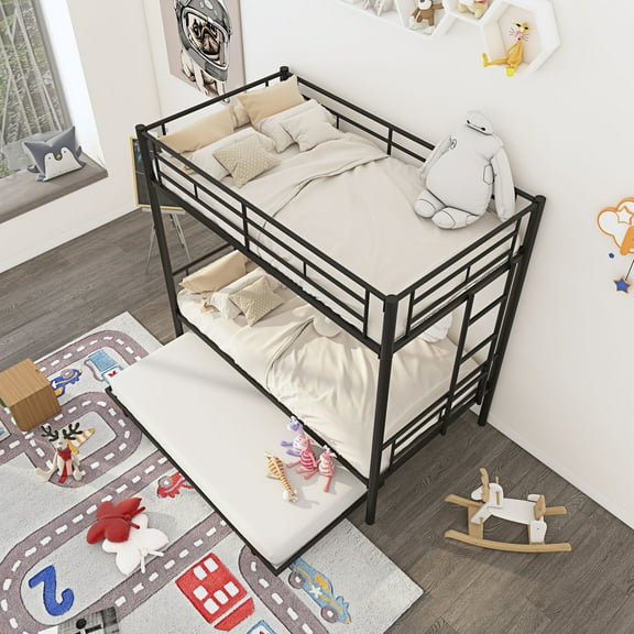 Metal Bunk Beds for Kids, Modern Twin Over Twin Loft Bed with Trundle, Sturdy Metal Twin-Over-Twin Bunk Bed with Full Guardrails, Convertible Bunk Beds Frame with Pull-Out Twin Trundle, 400lbs, SS1375