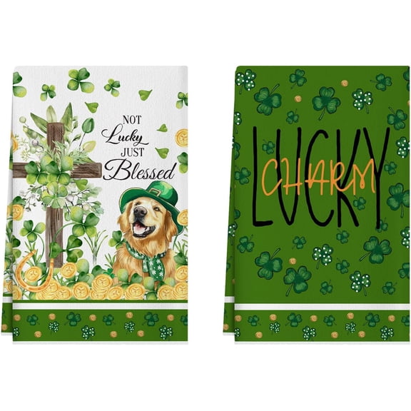 Dog Shamrocks Clovers Cross Coins St. Patrick's Day Kitchen Towels Dish Towels 18x26 Inch Home Kitchen Decorations Hand Towels Set of 2 Drying Dishcloth