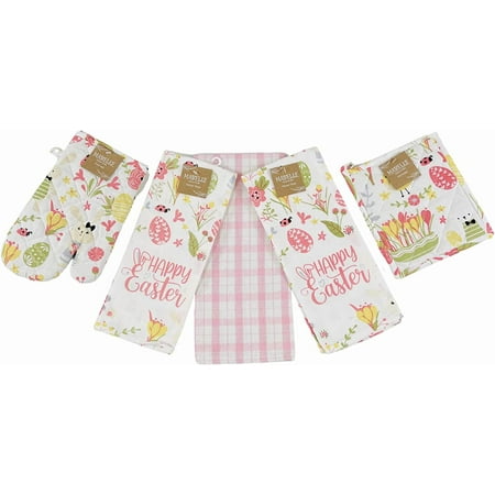 

Easter Spring Kitchen Dish Towels Pot Holder Oven Mitt Set 5c: Colorful Floral Happy Easter Eggs Design
