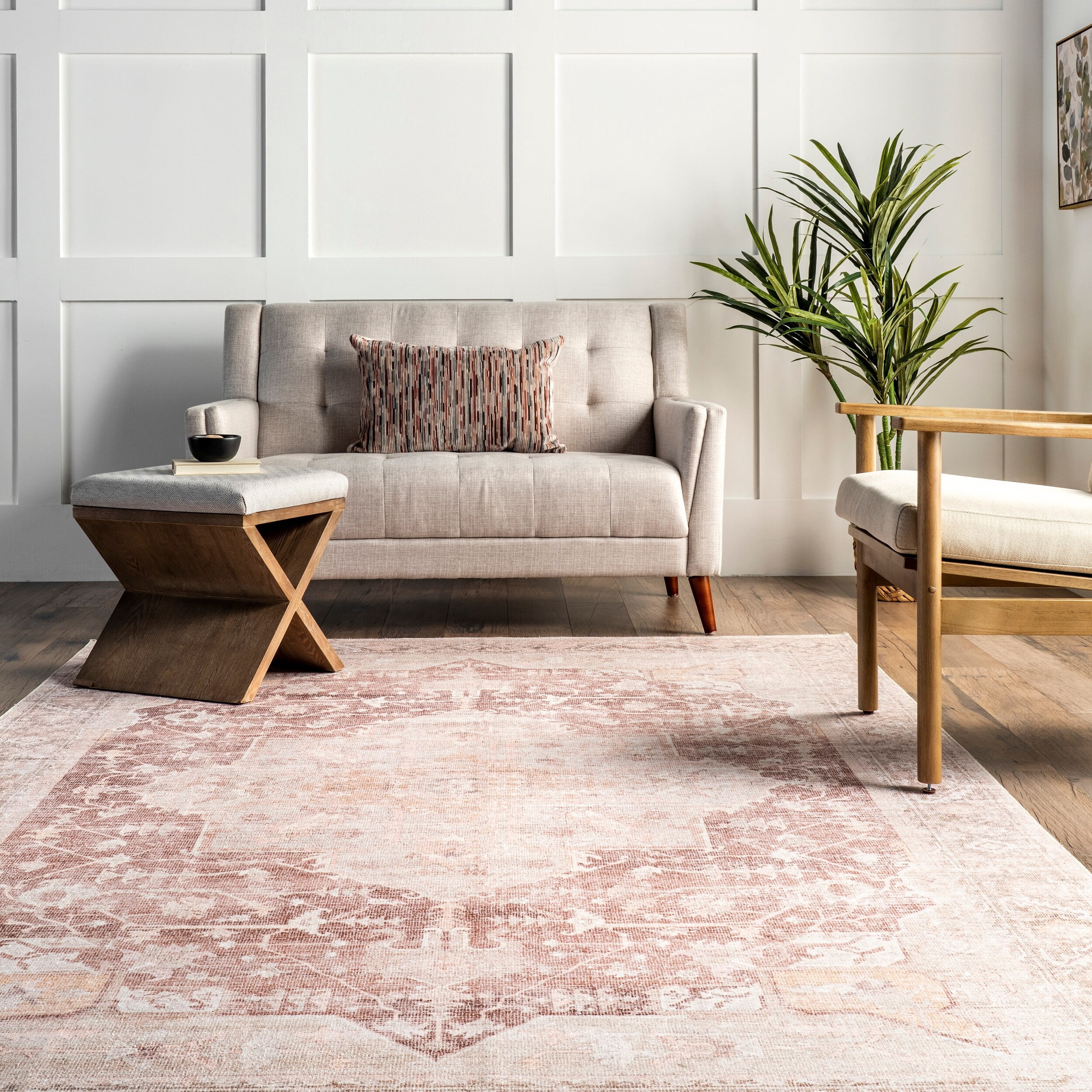 nuLOOM Rosa Machine Washable Distressed Vintage Medallion Area Rug, 8' x 10', Light Pink