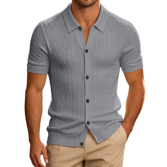 xfsWaSs Men's Short Sleeve Ribbed Knit Shirts Solid Color Casual Button Down Shirt Soft Comfortable Stretch Tops Fashion Everyday Wear Mens Shirts
