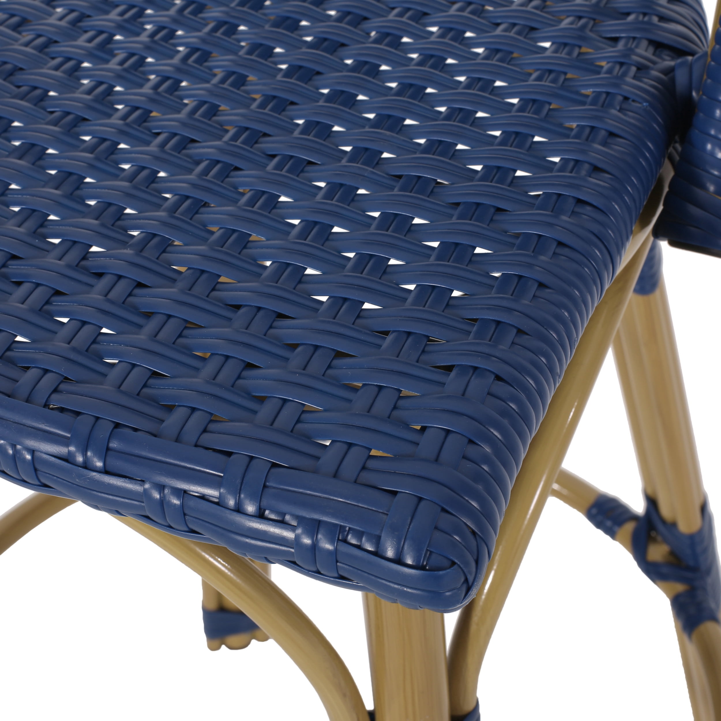 Cortina Wicker and Aluminum Outdoor 29.5 Inch Barstools, Set of 2, Navy Blue and Bamboo Finish