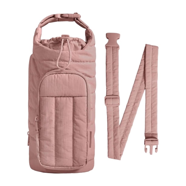 Bolsa para botella de agua con accesorios para taza, bolsillo para teléfono móvil y funda para botella. Rosa intenso