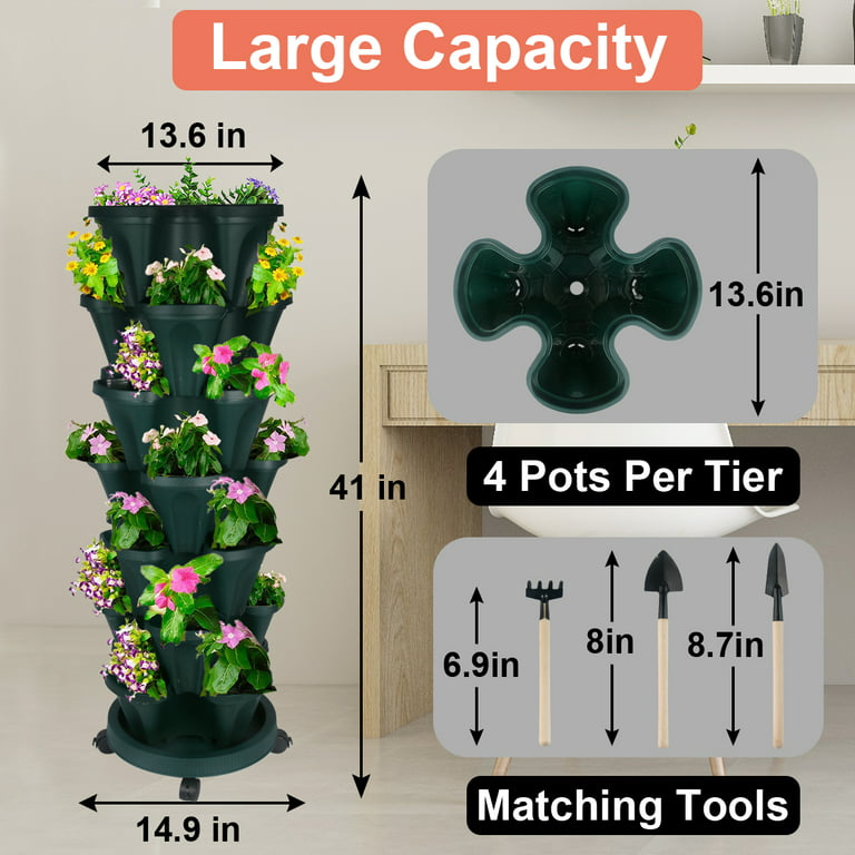 Vertical Planter 3-7 Tier Stackable Planters w/ Wheels & Tools Garden Tower  Pot