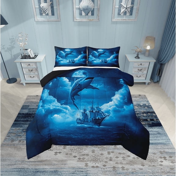 Erosebridal Marine Shark Bedding Twin Comforter Set,Nautical Boat Down Comforter,Breathable Reversible Bedding Sets Twin with Comforter,Ocean Theme Decor,3pcs