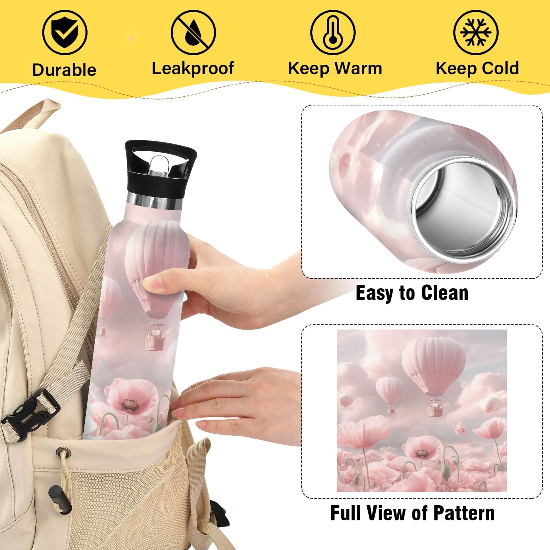Kids Insulated Stainless Steel Sports Water Bottle 600ml (20oz) Clouds and Hot Air Balloons