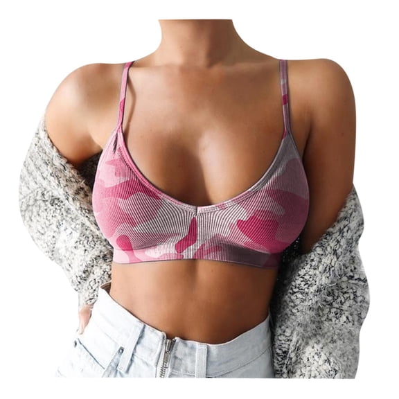 Push Up Bras for Women Wireless Camouflage Print Pullover Spaghetti Strap Plus Size Sports Bra Pink Xl