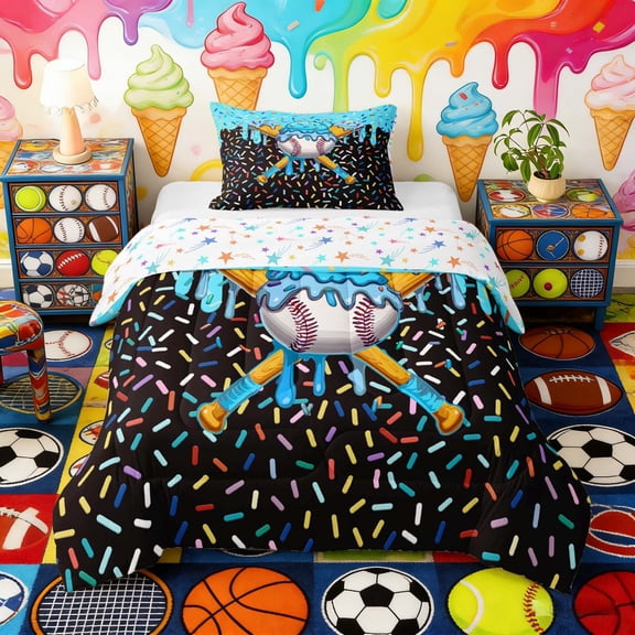 Erosebridal Blue Ice Cream Baseball Bat Print Twin Comforter Sets, Sweet Sports Bedding Set for Kids Boys and Girls, Colorful Stars Reversible 2 Pieces, 1 Comforter and 1 Pillowcase