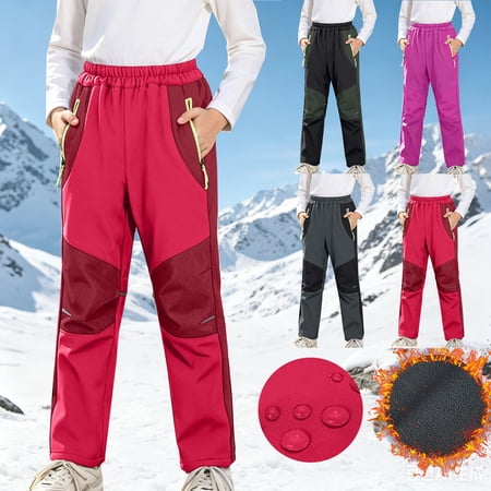 DJDLJWCJ Boys Ski Snow Pants Fleece Lined Winter Warm Cargo Pants Elastic Waist Solid Color Pants Red Size 15