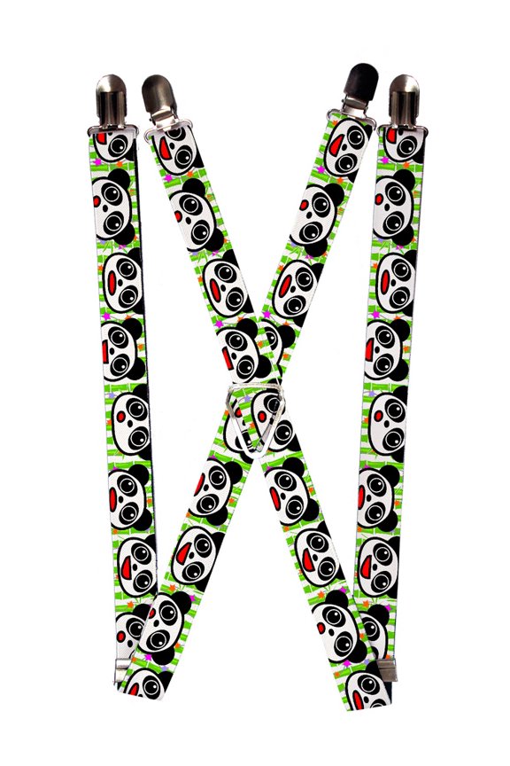 Cute Panda Bear Faces on Striped Pattern Suspenders