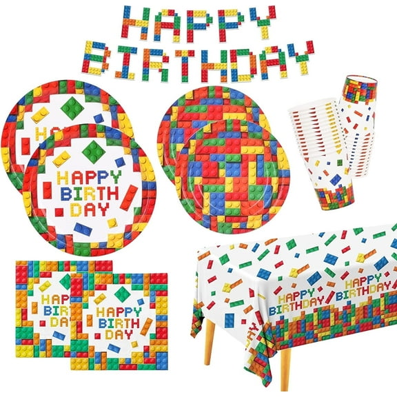 HOWAF Kids Building Block Birthday Celebration Party Supply Set, Colorful, 133 Pieces