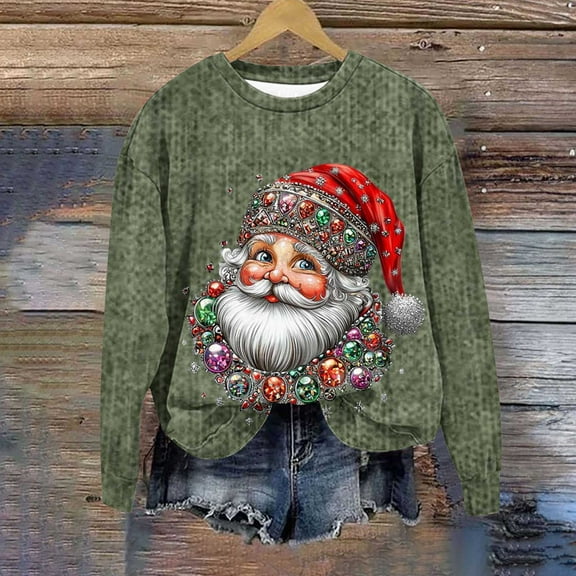 Xdegoge Christmas Shirts for Women Crewneck Xmas Santa Tops Merry and Bright Vintage Sweatshirt Vacation Funny Family Pullover Winter Long Sleeve Shirts Holiday Party Ugly Sweaters Cute Blouses