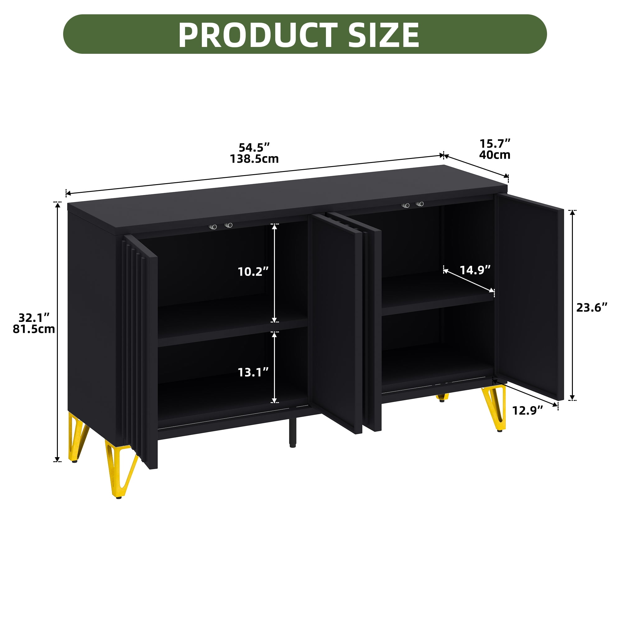 Uforic Metal 54.5" Kitchen Sideboard Cabinet with Shelves, Fluted Storage Cabinet with Doors, Black