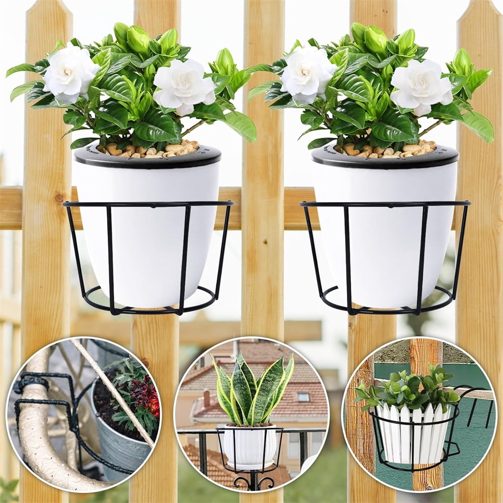 NOGIS 4 Pack Round Hanging Railing Planters Basket Metal Balcony Planters Railing Hanging Flower Pot Holders for Outside,Indoor，Balcony,Garden