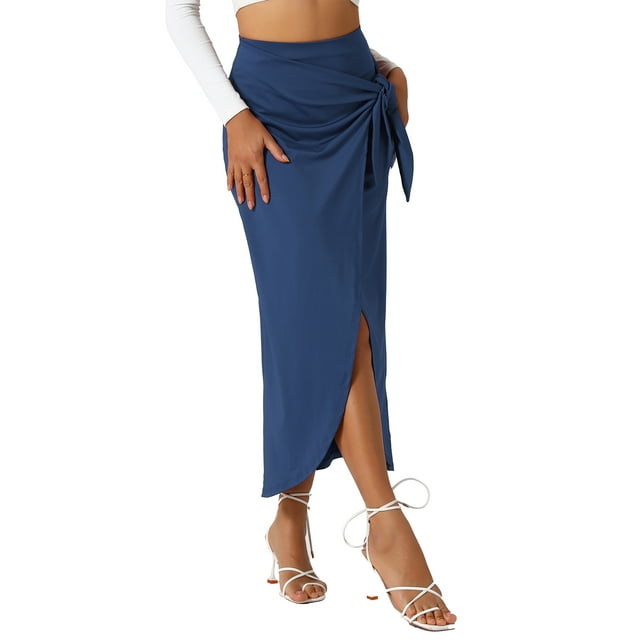 Falda larga bohemia de cintura alta para mujer INSPIRE CHIC, falda maxi envolvente de verano para playa con abertura, XS azul oscuro