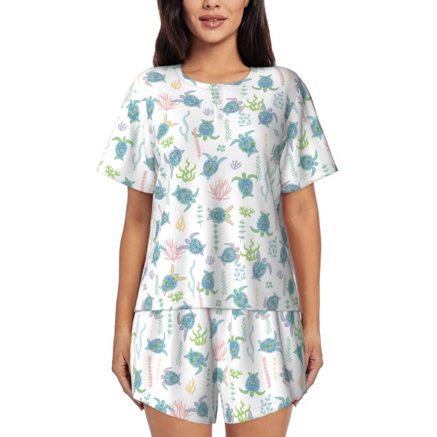 Fotbe Sea Turtle Conjunto de Pijama Estampado para Mujer, 2 Piezas, Ropa de Dormir con Camiseta de Manga Corta y Shorts Suaves-Large
