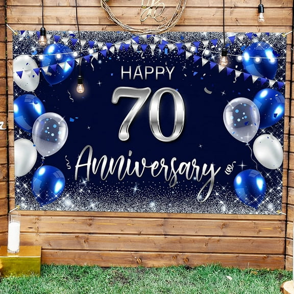 Happy 70th Anniversary Backdrop Banner Decor Blue Silver Happy 70 Years Wedding Anniversary Party Theme Decorations for Women Men Supplies