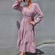 thumbnail image 3 of Vestido de manga larga para mujer con cuello en V y cintura alta elástica Vestido informal de una lí Abanopi Pequeña, 3 of 7
