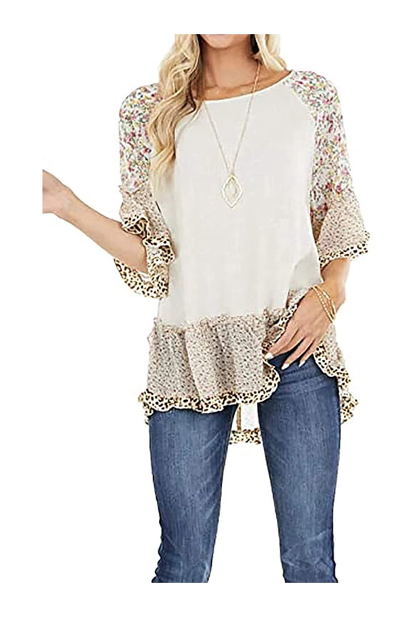 Women's Half Sleeve Blouse, Leopard Floral Printed Patchwork Round Neck Loose Fit Tops, Casual Simple Style Shirt