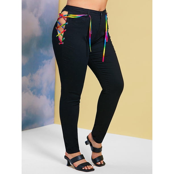 Jeans Flacos de Talla Grande con Cordones Laterales Rosegal Vaqueros de talla grande