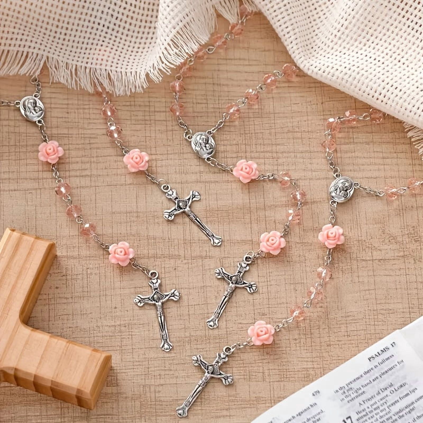 Catholic Rosary Beads Necklace for Women Crystal Beads Flowers Necklace Rosaries Prayer Gifts with Organza Bags for First Communion Confirmation Christmas Baptism Favors