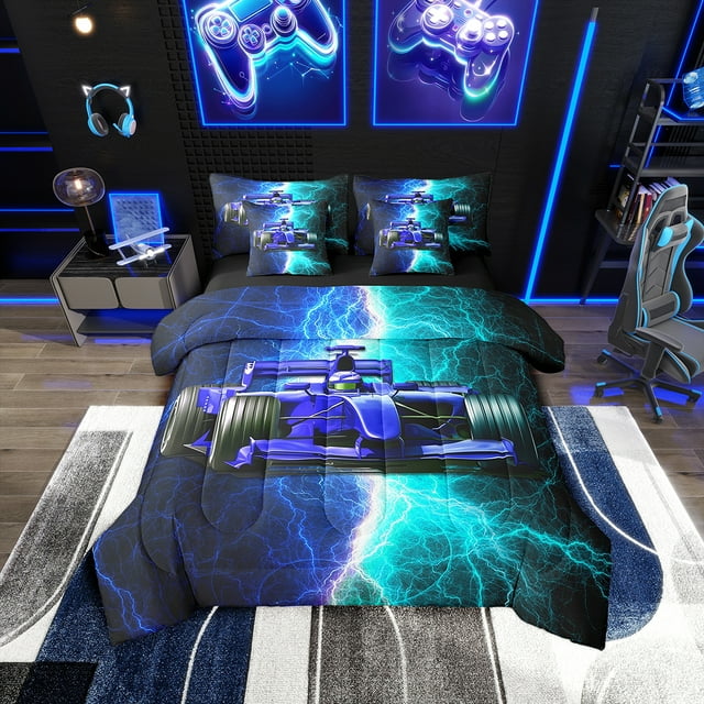 Erosebridal Car Theme Bedding Twin Size 7pcs, Racing Car Comforter Sets with Sheets for Boys Men, Lightweight