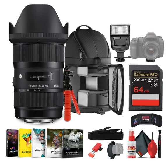 Sigma 18-35mm f/1.8 DC HSM Art Lens for Canon EF Bundle Includes: Backpack, Flash, Memory Card, Card Wallet, 12 inch tripod, Cleaning Kit, Blower Brush, Lens Pen, Neck Strap   more