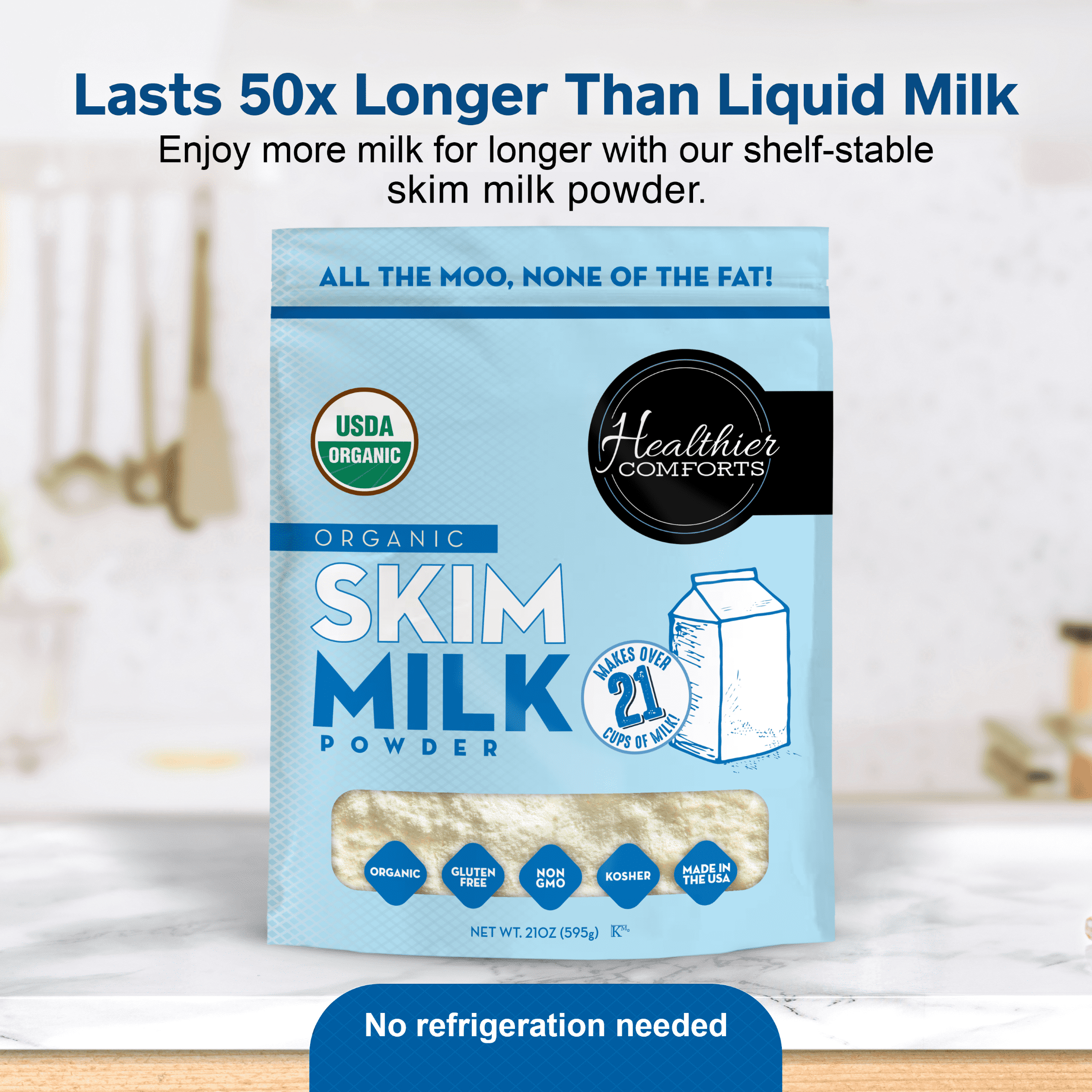 Healthier Comforts Organic Skim Milk Powder 21oz | Certified USDA Organic | Fat Free, Kosher, Gluten Free, Non-GMO, Shelf Stable | Perfect for Shakes, Smoothies, Coffee Creamer, Baking | Made in USA