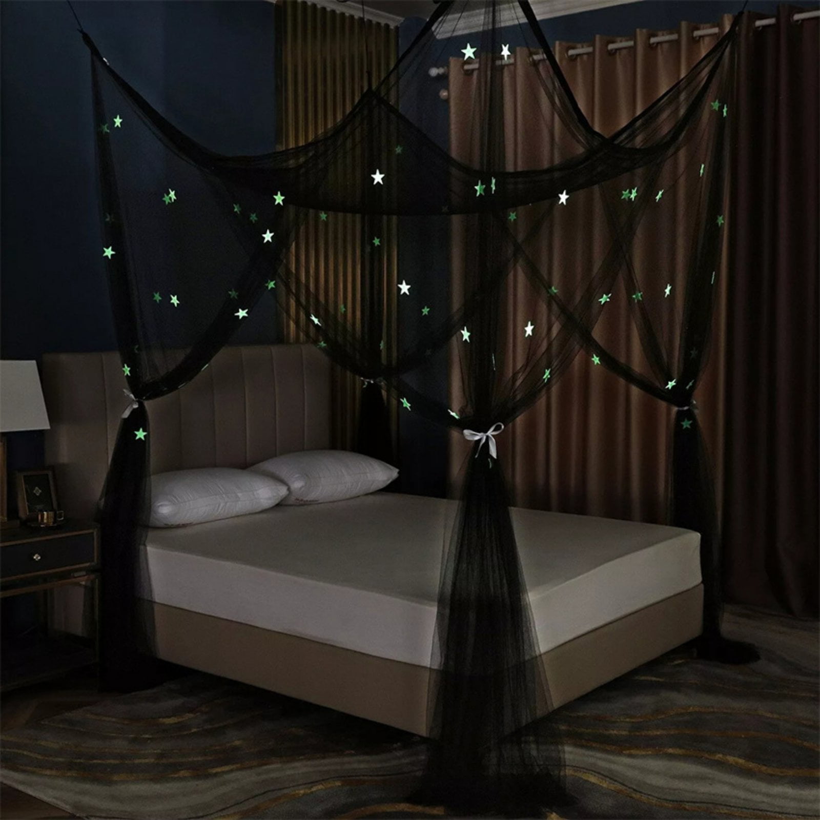 Mosquito Netting, Bed Canopy Mosquito Net for Bed, Canopy Bed Curtains for Twin Full Size, 4 Corner Post Bedroom Canopy for Kids Adults, Square Bed Drapes Home Decor,  Black