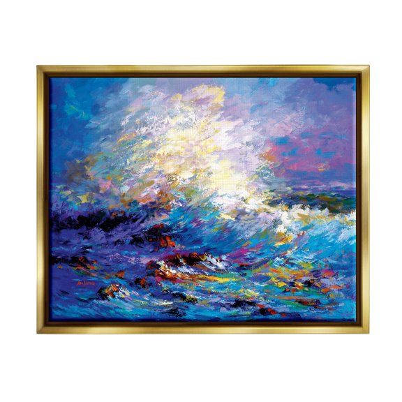 Stupell Industries Abstract Colorful Ocean Waves Landscape Painting Gold Floater Framed Canvas Art Print Wall Art, 31 x 25