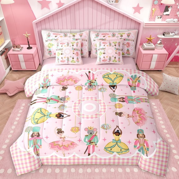 Homewish Kawaii Nutcracker 7-Piece Twin Bedding Sets For Children Teens Adults,Happy Christmas Xmas Bedding Comforter Set,Geometric Plaid Breathable Sheet Sets,Ballet Dance Room Decor,Reversible