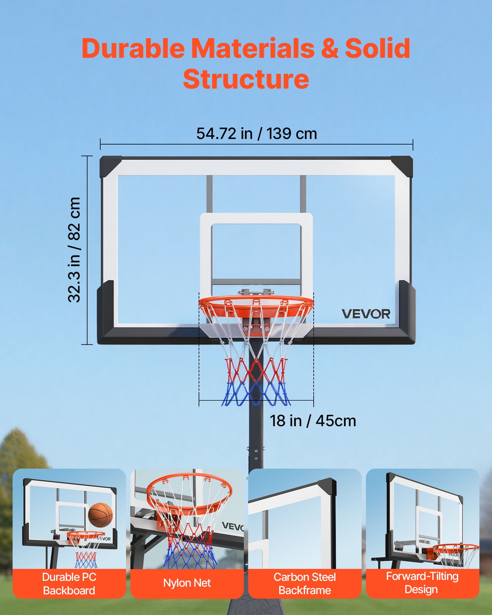 VEVOR Portable Basketball Stand, 7.55 to 10 ft Height Adjustment Basketball Hoop & Goal, Basketballs Hoop Outdoor with 54 inch PC Backboard for Kids, Adults in Schools, Parks, Forward-Tilting Design