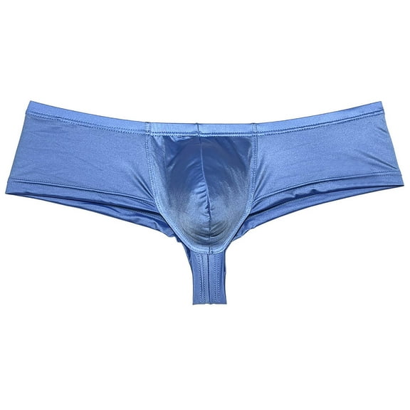 Botmois Men Wet Look Glossy Bikini Underpants Half Hip Underwear Bulge Pouch Boxer Briefs Male Pouch Enhance Panties Blue Gray M