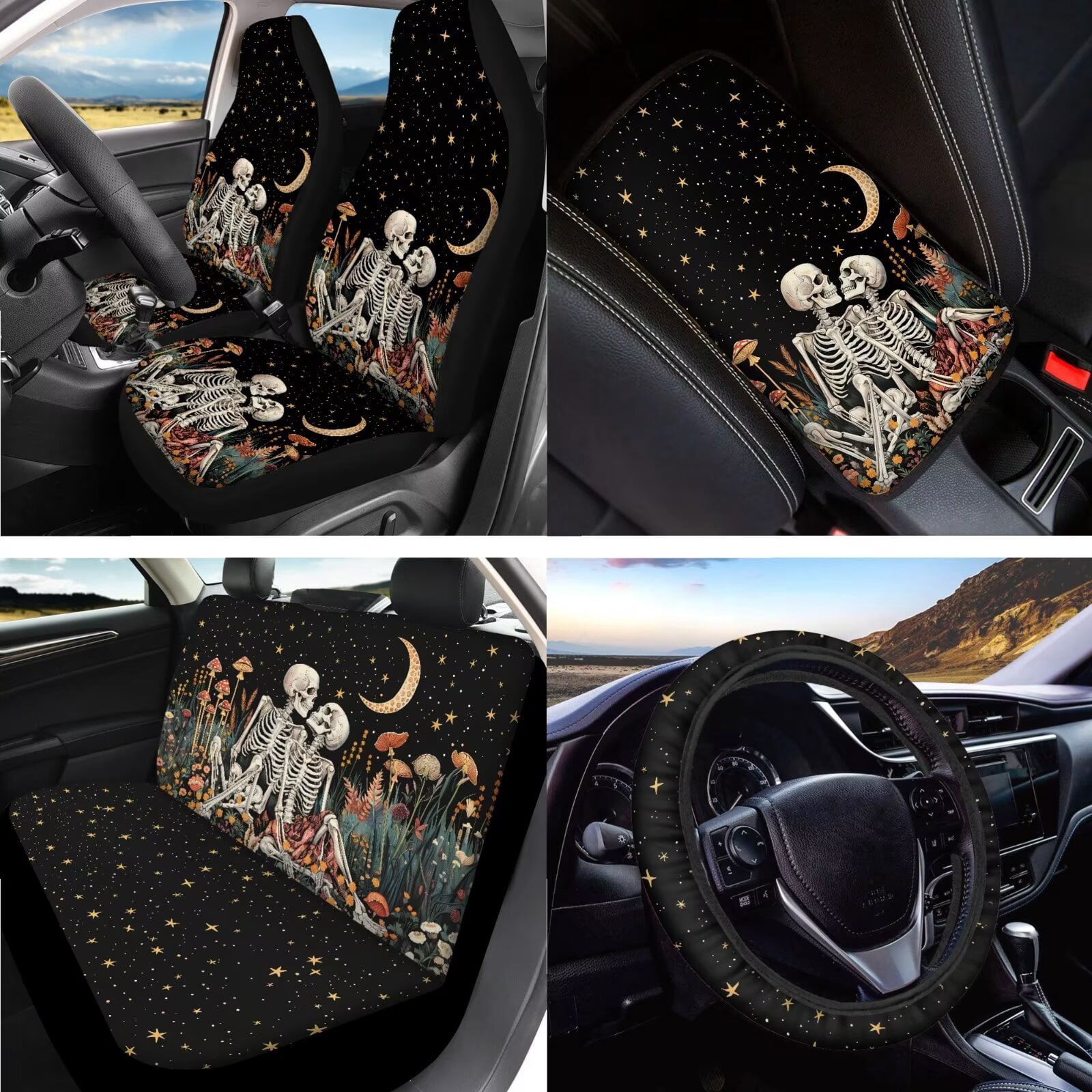 LedBack Skeleton Print Car Seat Covers Set Mushroom Printed Car Front and Back Seat Cover Steering Wheel Cover Armrest Pads Covers Headrests Cover Seatbelt Cover Car Coaster Keychain, 15 Pack