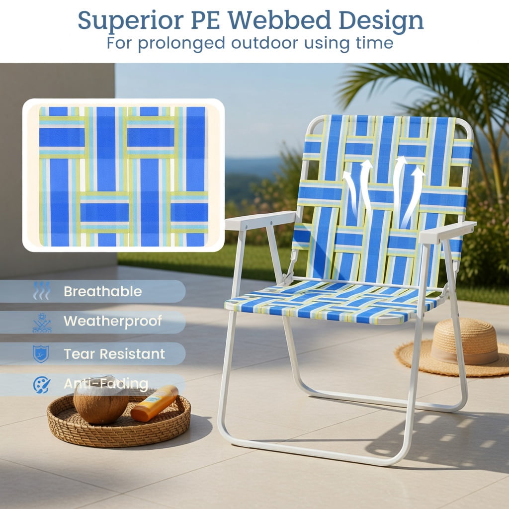 Hommoo 2-Pack Folding Beach Chairs for Camping & Lawn, Heavy-Duty Steel Frame, Fade-Resistant PE Webbing, Portable Lightweight Outdoor Chairs, Blue