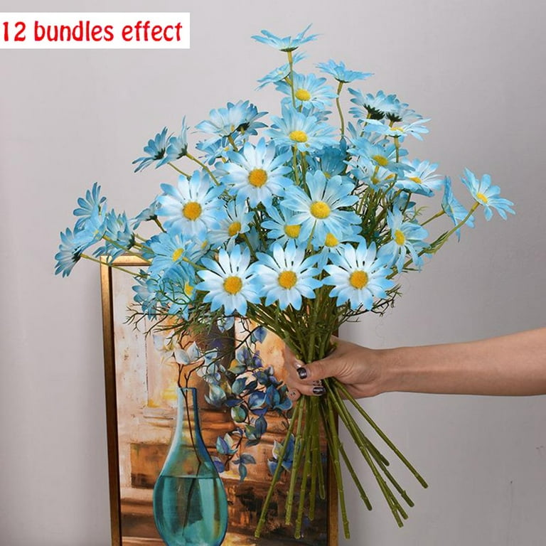 2 Pcs Artificial Daisy Flowers Silk Fake Flowers Bouquet for Wedding Garden Home Party Office Fall Indoor Outdoor Decoration(Blue)