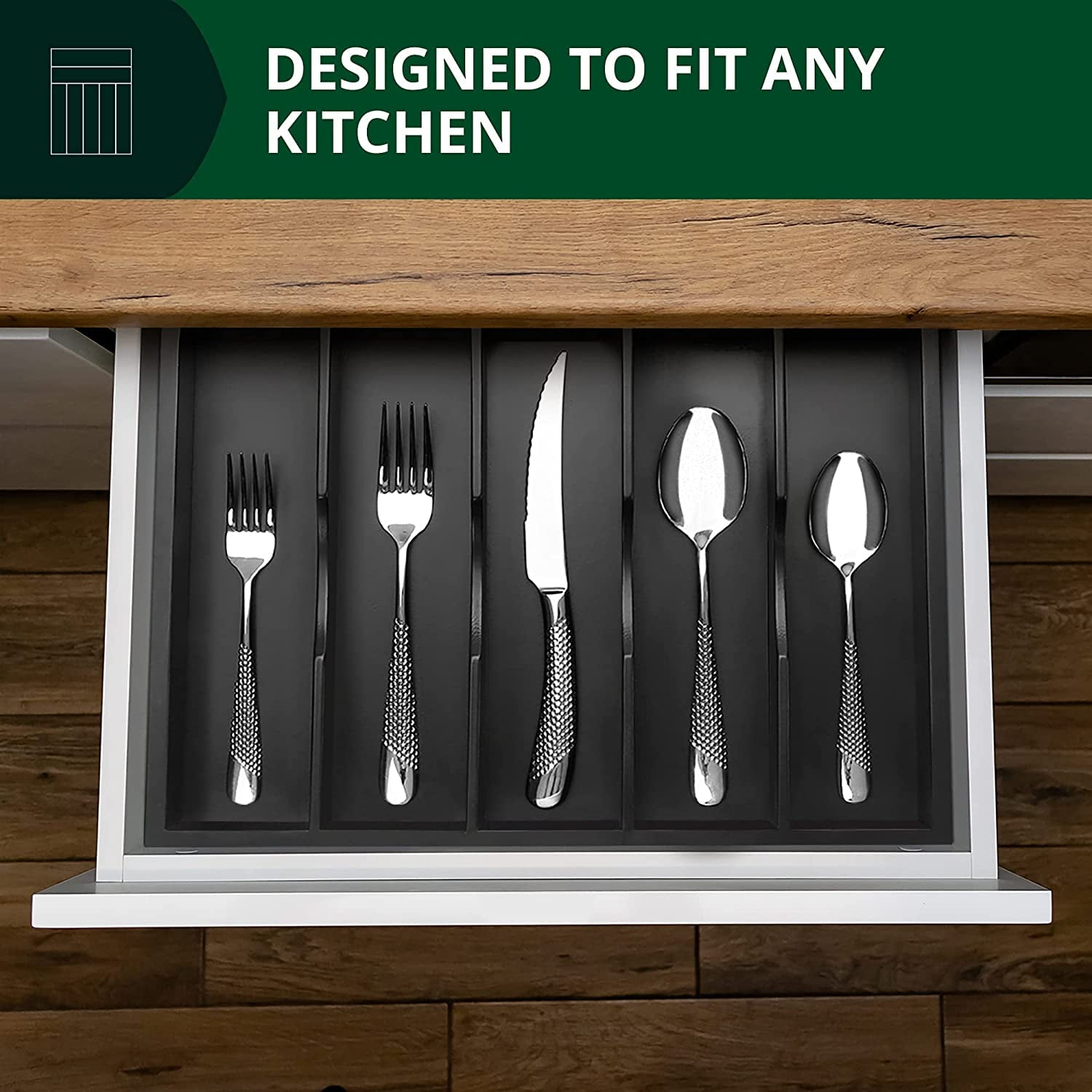 Royal Craft Wood Bamboo Kitchen Drawer Organizer Tray – Silverware Drawer Organizer and Utensil Holder for Flatware, Cutlery & Kitchen Storage (7 Slot, Black)