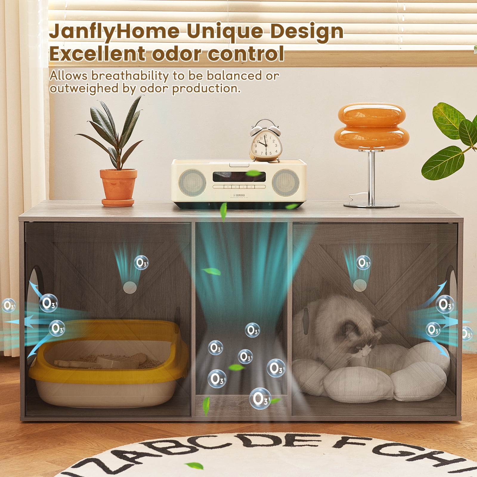 JanflyHome Hidden Cat Litter Box Enclosure, 42.5" Litter Box Furniture with Removable Cat Scratching Board Indoor for Living Room, Farmhouse Greige