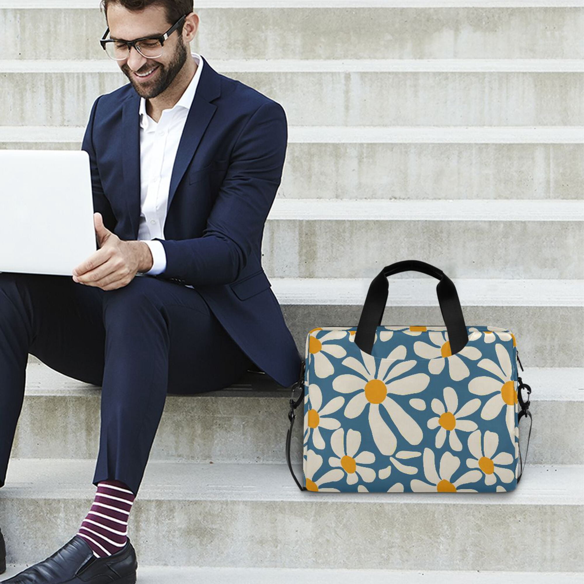 FORMRS 16" Laptop Bag Carrying Sleeve Case with Handle Travel Shoulder Briefcase, Whimsy Daisy Pattern