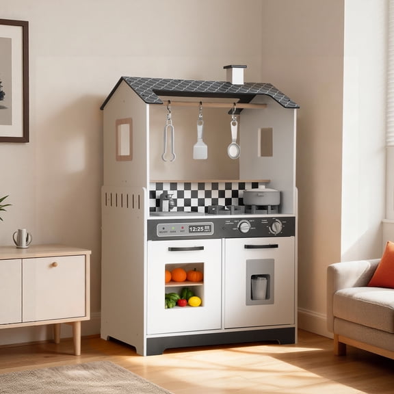 Wooden Play Kitchen Set, 2-in-1 Kids Kitchen & Laundry Pretend Play Center for Toddlers